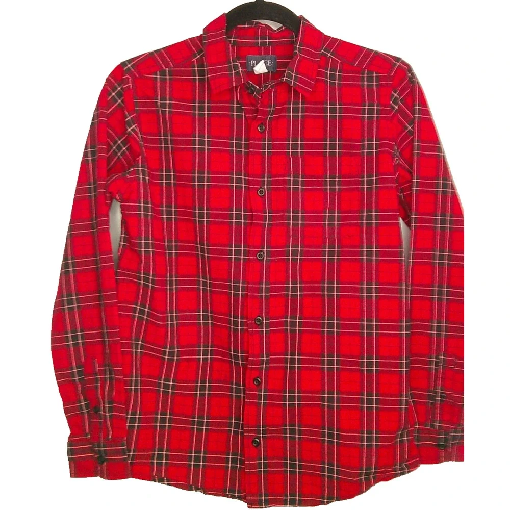 Children's Place Youth XXL 16 Red Black Long Sleeve Button-down Plaid Shirt